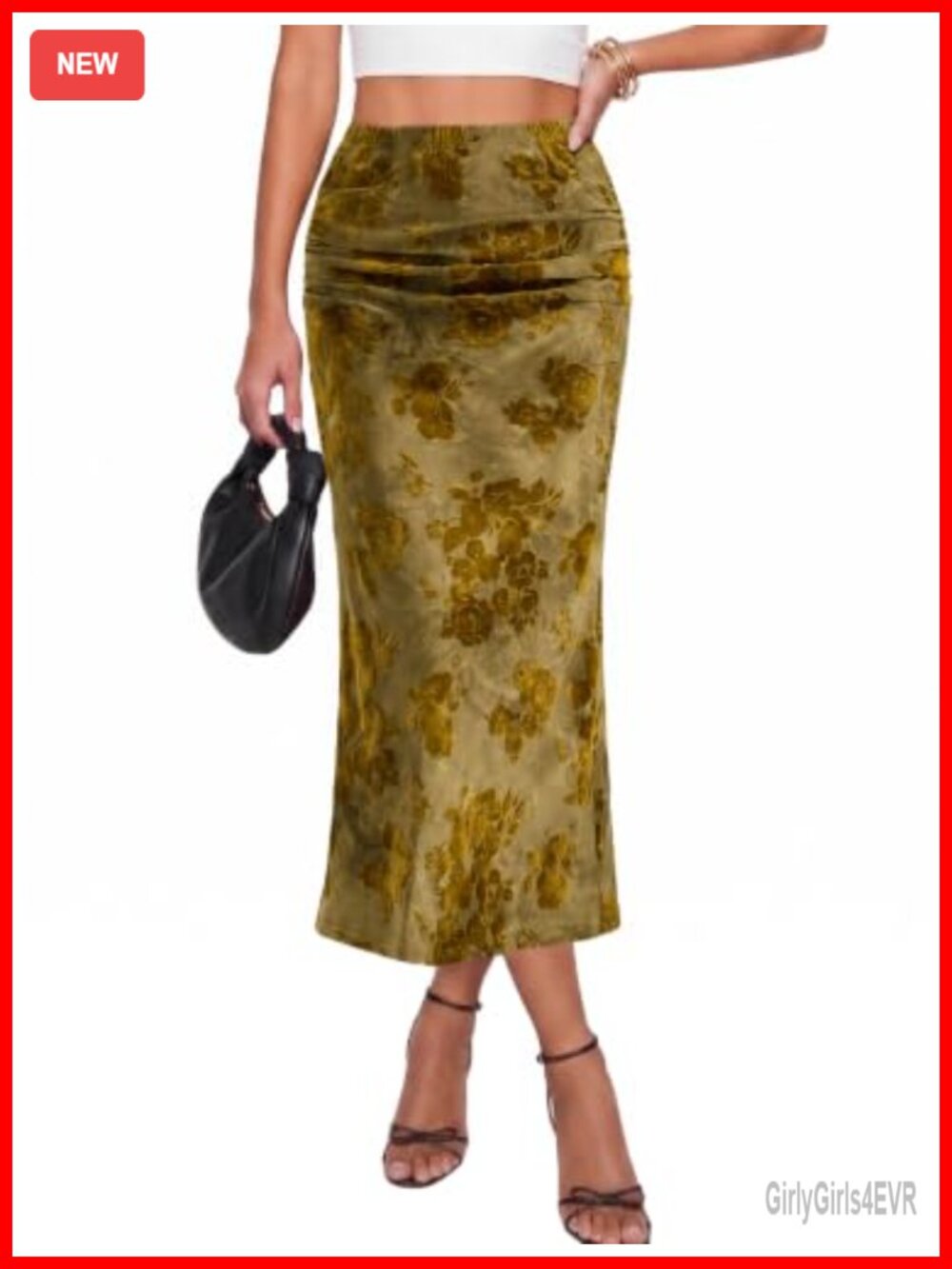 Floral Maxi Skirt Elastic High Waist Ruched Vintage Long Flocked Women's